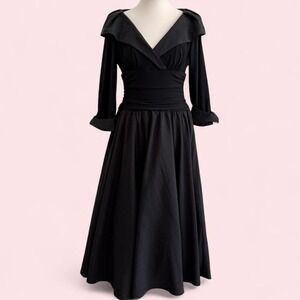 Vintage Jessica H Black Ruched Midi Dress with Bow Detail — Size 10